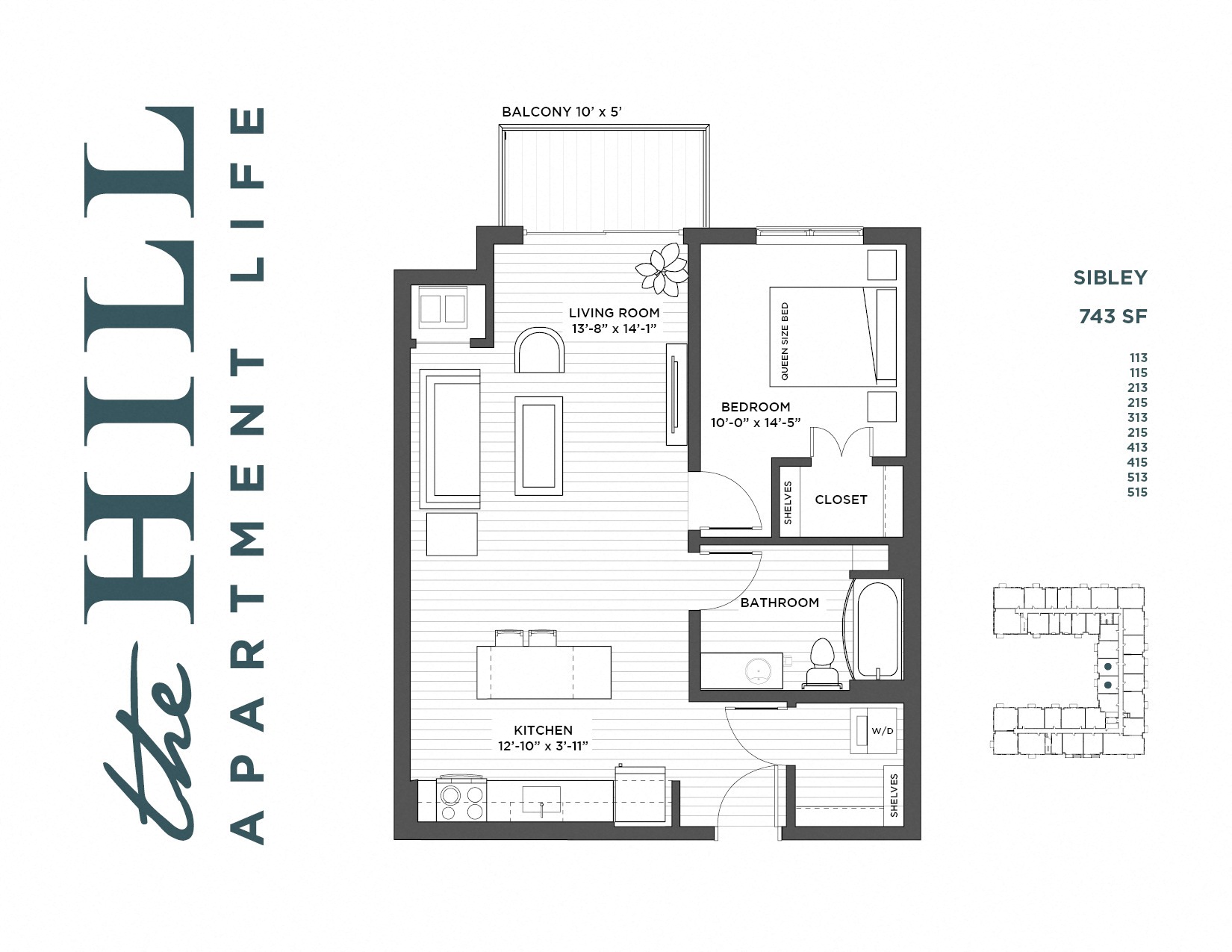Floor plan for 1 bed, 1 bath, 743 sqft